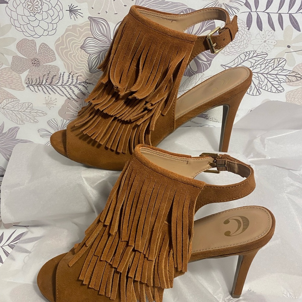 Fringed Brown High Heel Sandals